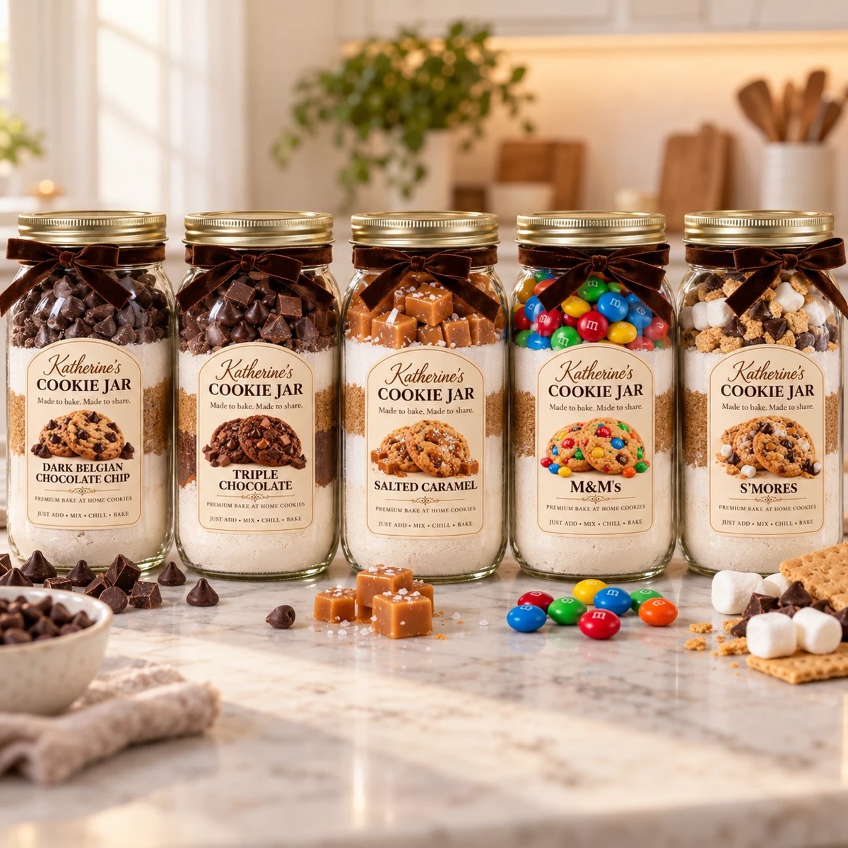 Five Katherine's Cookie Jar mixes with gold lids and brown velvet bows: Dark Belgian Chocolate Chip, Triple Chocolate, Salted Caramel, M&M's and S'mores